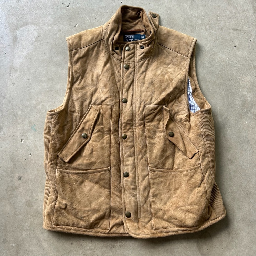 Polo Ralph Lauren Tan Suede Leather Quilted Vest Mens XL Corduroy Racquet Club